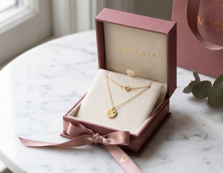 Caja de regalo de la marca Virguliilla abierta cuidadosamente, mostrando un collar fino de oro en su interior, lista para ser entregada.