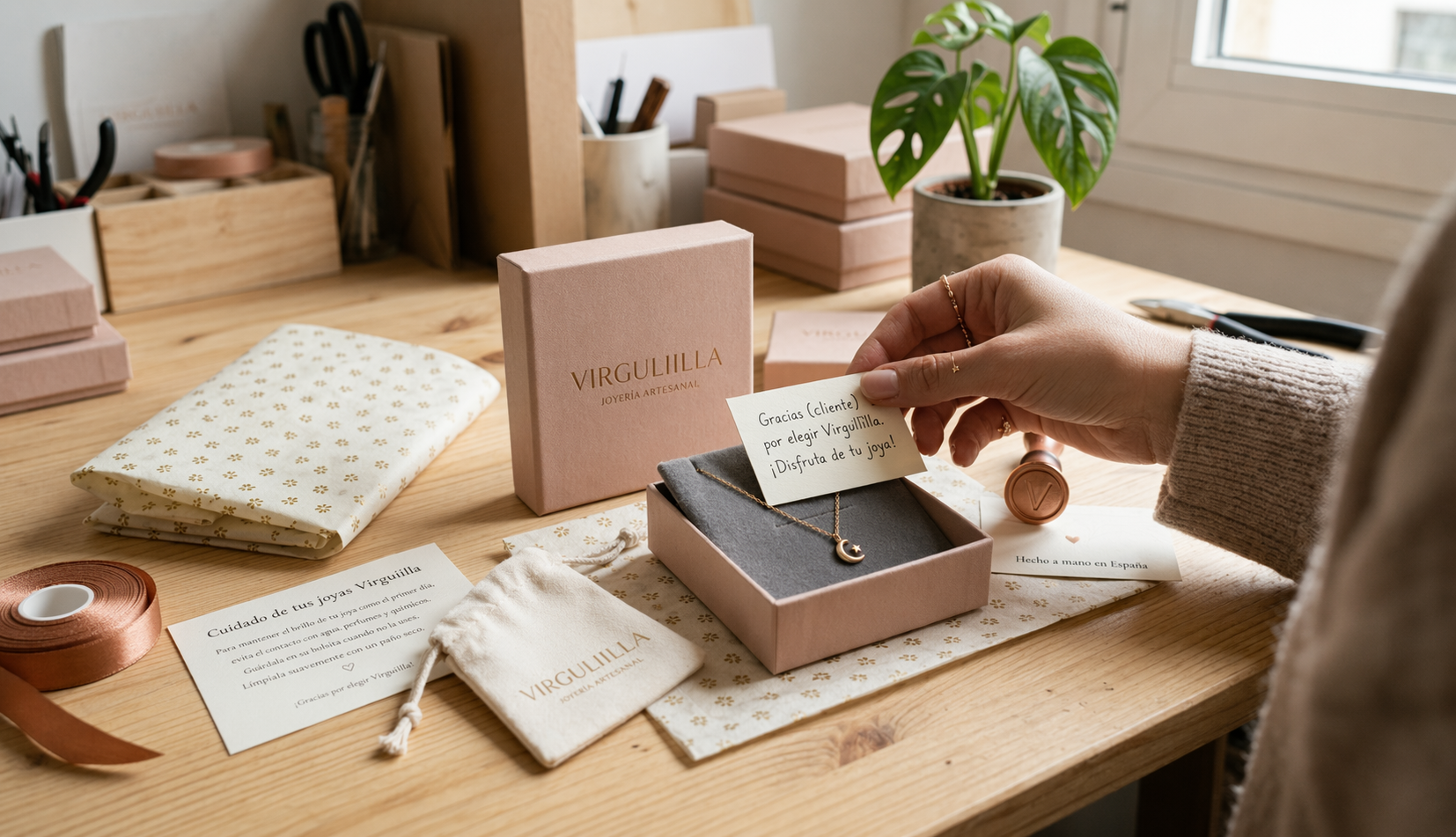 Detalle del cuidado empaquetado y presentación de las joyas de la marca Virguliilla antes de ser enviadas a un cliente.