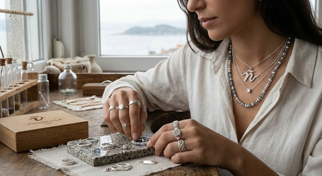 Conjunto de anillos y collares de plata de ley 925 brillantes mostrando su versatilidad y elegancia en Virguliilla