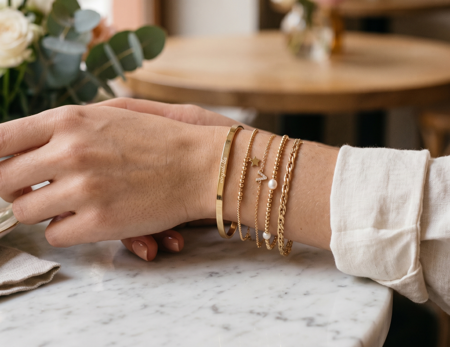 Detalle de la muñeca de una mujer luciendo una combinación de varias pulseras y brazaletes de oro finos de la marca Virguliilla.