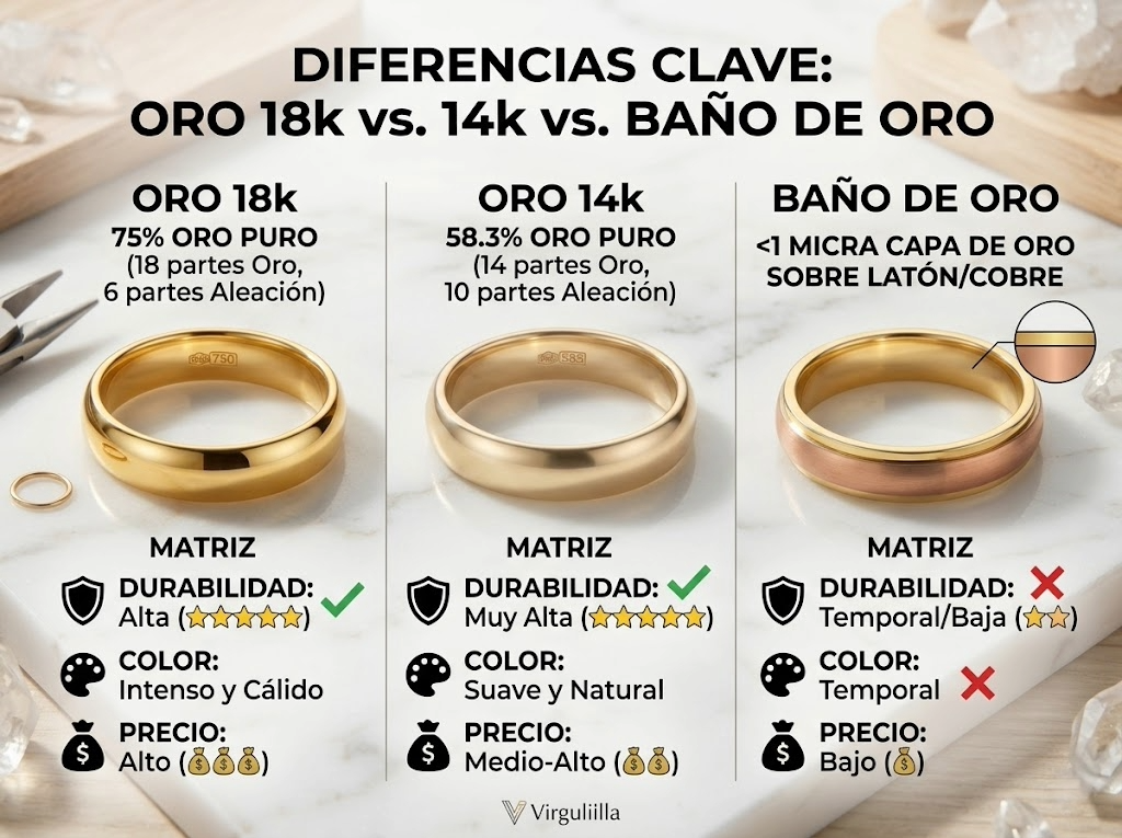 Infografía comparativa detallada de Virguliilla.com sobre las diferencias entre oro de 18k, 14k y baño de oro, mostrando pureza (750 vs 585), composición, durabilidad, color y precio de tres anillos diferentes para guiar tu compra.