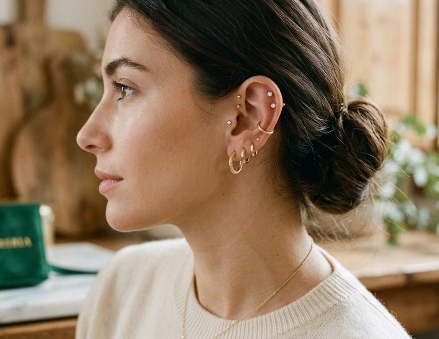 Primer plano del perfil de una mujer mostrando una combinación elegante de pendientes de oro de Virguliilla, incluyendo aros y pequeños puntos de luz en diferentes perforaciones de la oreja.