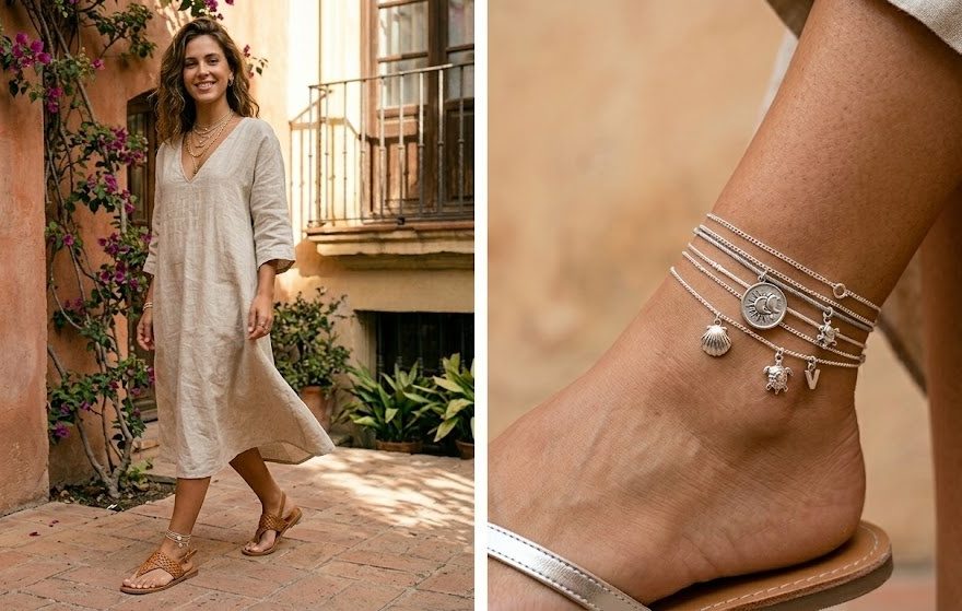 Tendencia tobilleras: Mujer con vestido de lino y primer plano de tobillo con múltiples tobilleras de plata con charms de concha, sol y tortuga de mar de la marca Virguliilla.