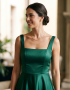 Mujer elegante con un vestido de fiesta y un recogido bajo, luciendo unos pendientes colgantes de oro y circonitas de la marca Virguliilla, ideales para un look de invitada.