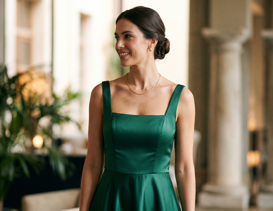 Mujer elegante con un vestido de fiesta y un recogido bajo, luciendo unos pendientes colgantes de oro y circonitas de la marca Virguliilla, ideales para un look de invitada.