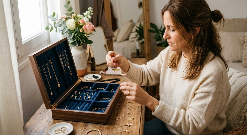 Mujer guardando cuidadosamente sus collares y anillos de oro en un joyero forrado de terciopelo para protegerlos