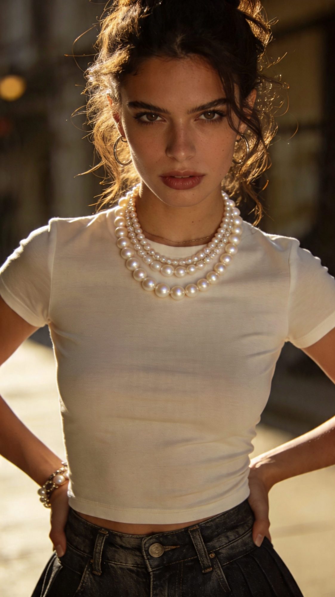 Mujer joven combinando un collar de perlas modernas con ropa casual