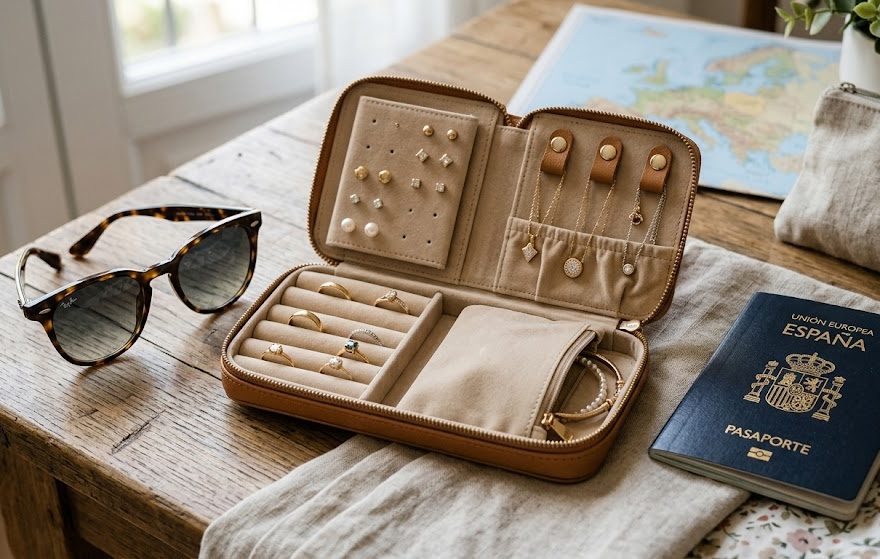 Organizador de viaje para joyas junto a unas gafas de sol y un pasaporte