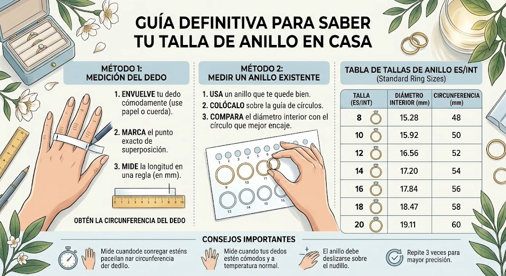 Guía visual para medir la talla de un anillo en casa con una regla y tabla de equivalencias de Virguliilla