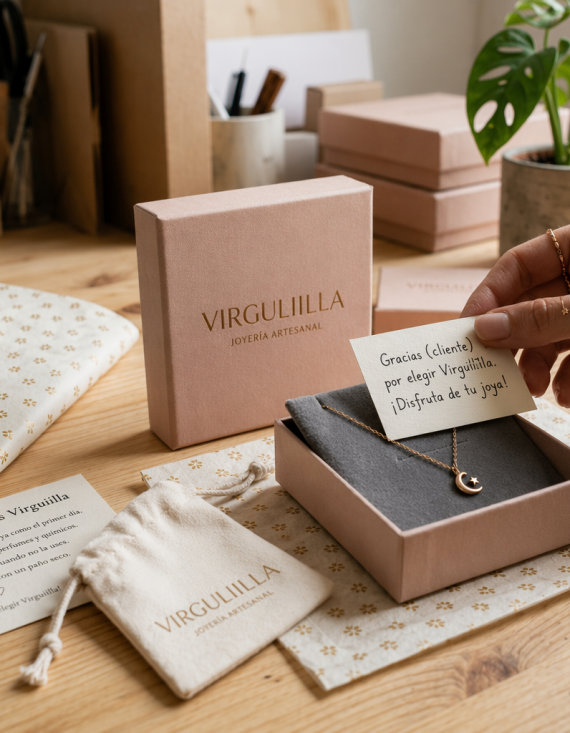 Destacadas del cuidado empaquetado y presentación de las joyas de la marca Virguliilla antes de ser enviadas a un cliente.