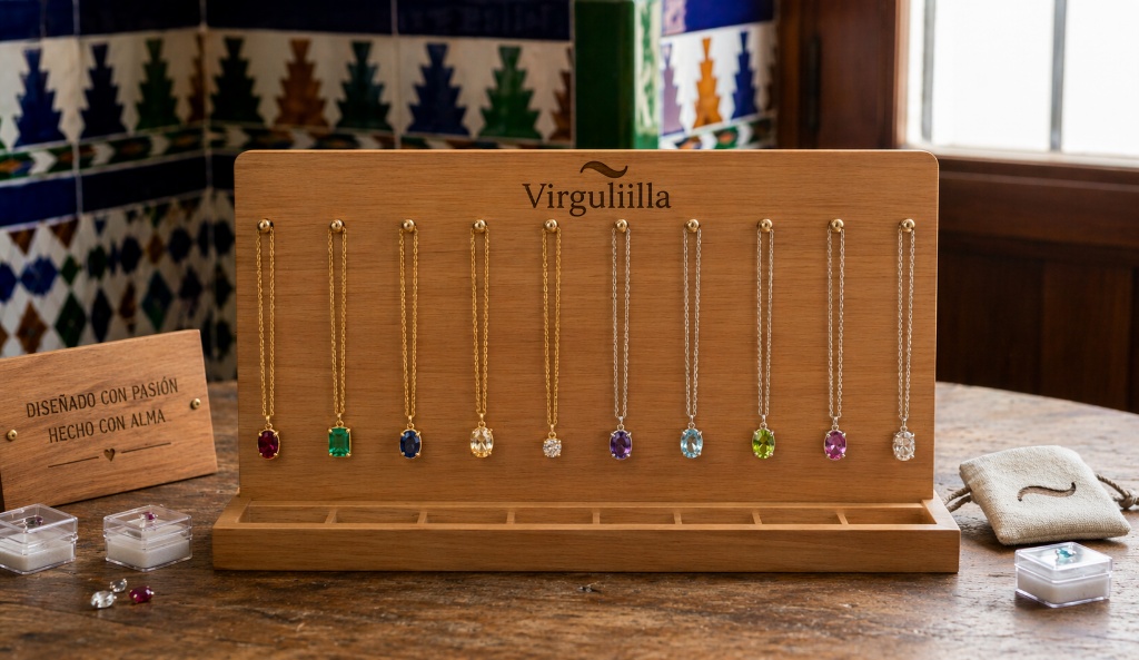 Varios collares de oro y plata de Virguliilla perfectamente organizados y colgados para evitar que sus cadenas se enreden.
