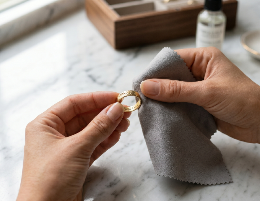Manos frotando suavemente un anillo de la marca Virguliilla con un paño de microfibra específico para limpiar joyas sobre una superficie de mármol.