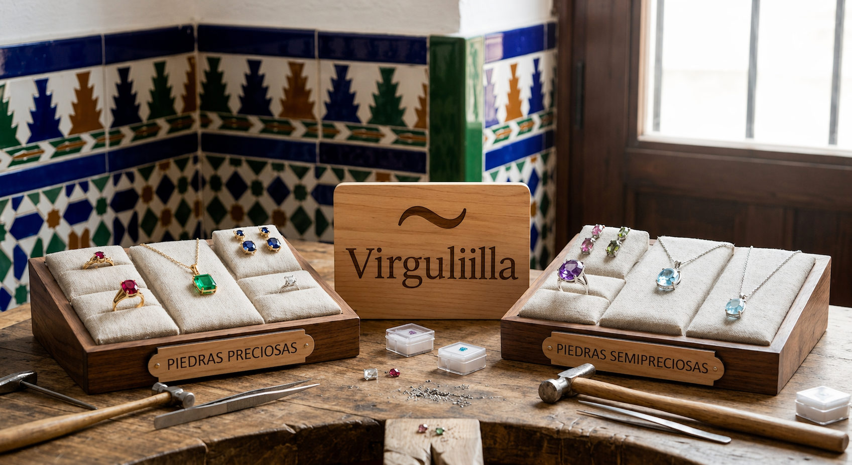 Fotografía profesional de un display en una tienda física de Virguliilla, mostrando joyas con etiquetas claras para 'PIEDRAS PRECIOSAS' y 'PIEDRAS SEMIPRECIOSAS', junto a una placa de madera con la marca.