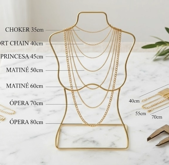 Ilustración o fotografía mostrando las diferentes medidas de collares sobre el cuello de una mujer, desde gargantillas hasta estilo ópera, para la marca Virguliilla.