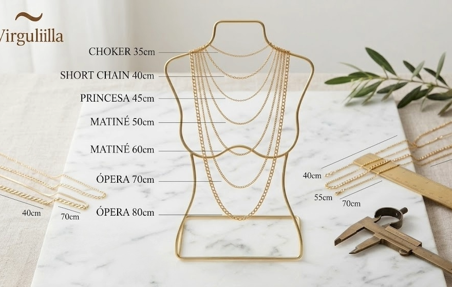 Ilustración o fotografía mostrando las diferentes medidas de collares sobre el cuello de una mujer, desde gargantillas hasta estilo ópera, para la marca Virguliilla.